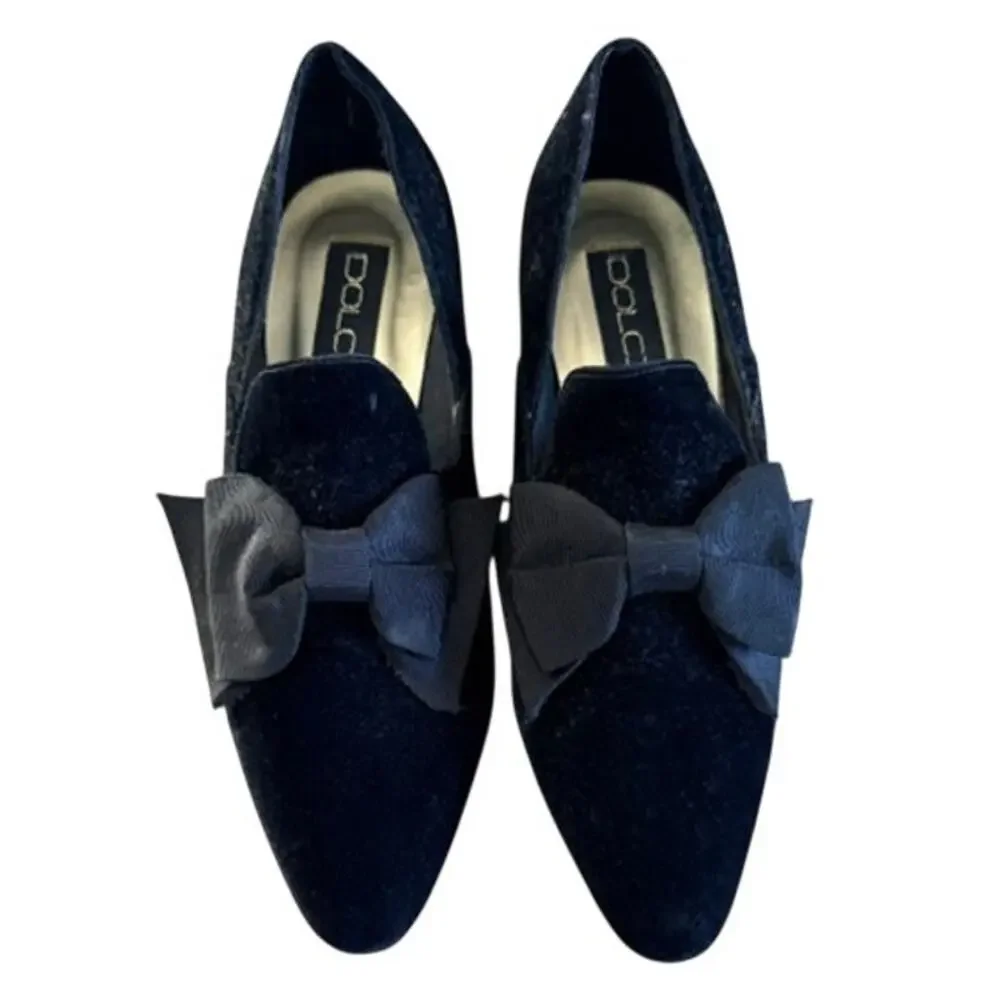 Dolcis Black Velvet Bow Kitten Heel Pumps Women's 7M Vintage Dress Shoes